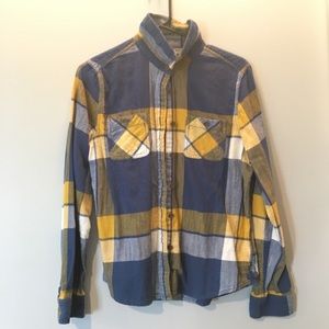 Blue, yellow and white flannel top